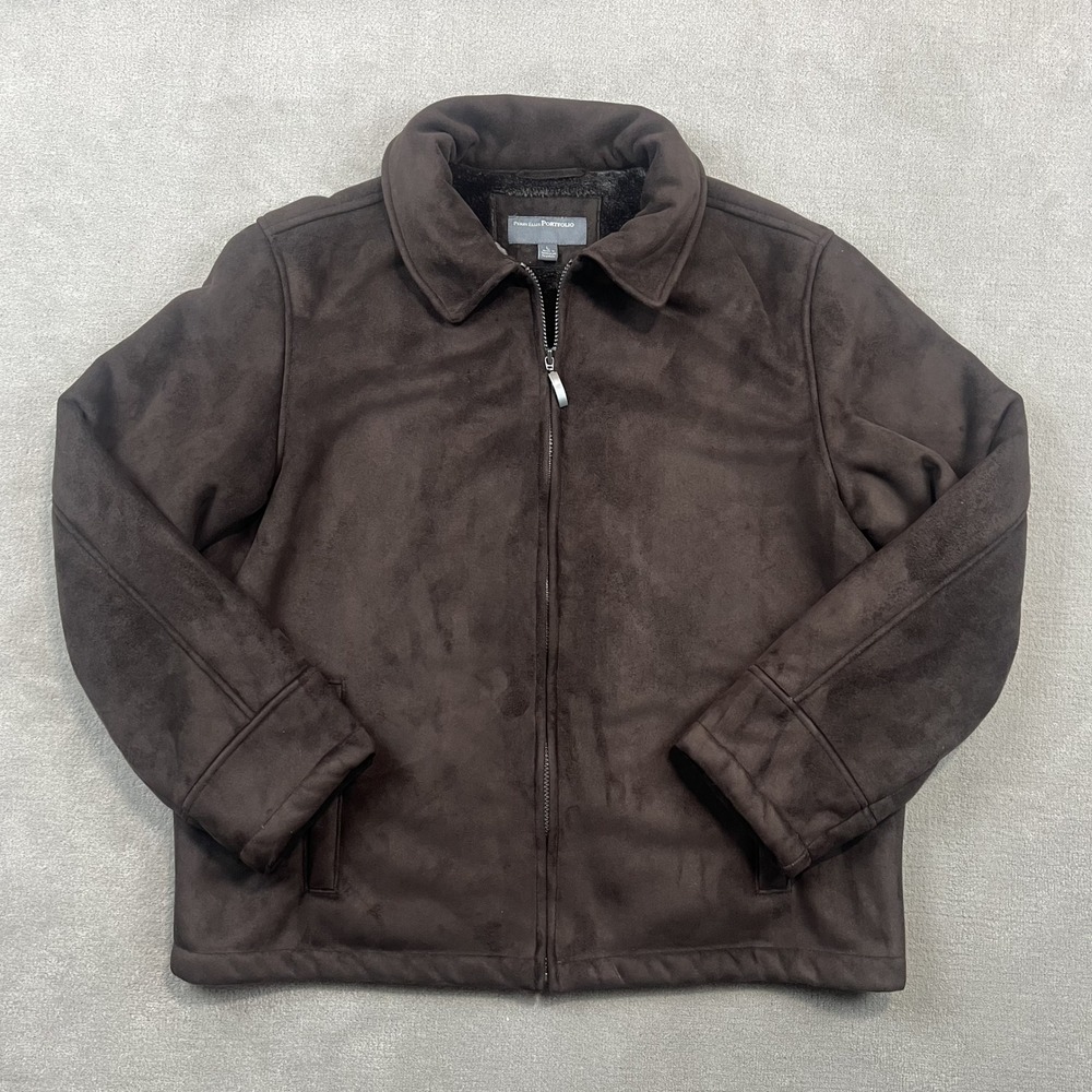 Perry Ellis Large Brown Faux Suede Faux Fur Lined Zip Jacket Workwear Streetwear